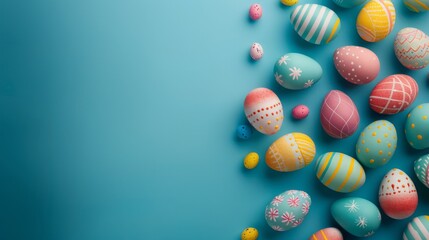 Fototapeta premium easter egg banner layout with vibrant colors on soft blue background. sales promotion.