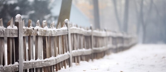 Close-up photo featuring an old gray wooden fence with selective focus, set in a serene Winter Village backdrop with a vast copy space image.