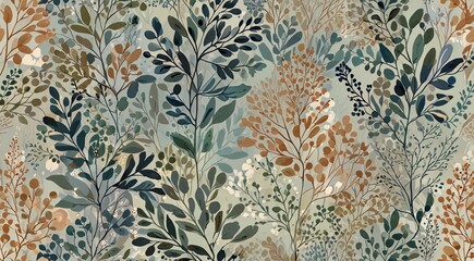 delicate and intricate abstract floral pattern with soft, pastel-toned branches and leaves.