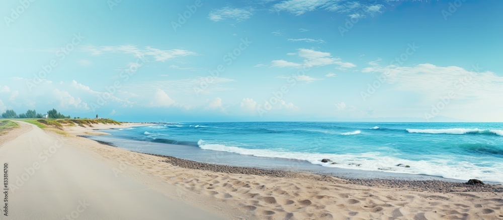 Poster an empty asphalt road with copy space image borders a serene beach under a clear blue sky.