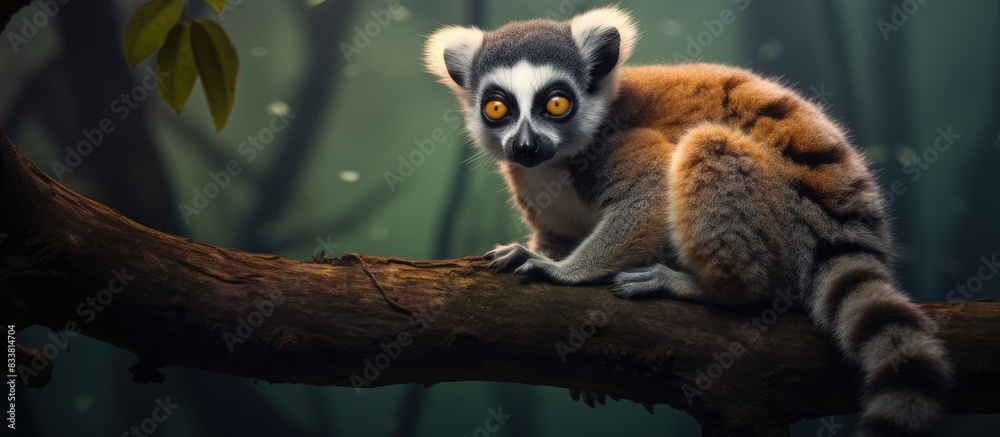 Poster A Lemur catta can be seen perched gracefully on a tree branch with a serene expression, perfect for a copy space image.