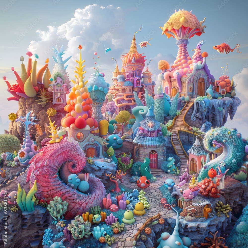 Wall mural design a whimsical, cg 3d illustration of a charming fantasy world populated by colorful, mythical c - Wall murals