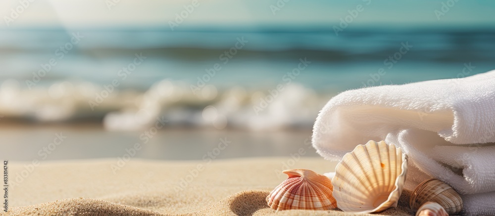 Poster beach items like swimwear, sun protection cream, and a shell placed on a rock at the seashore, creat