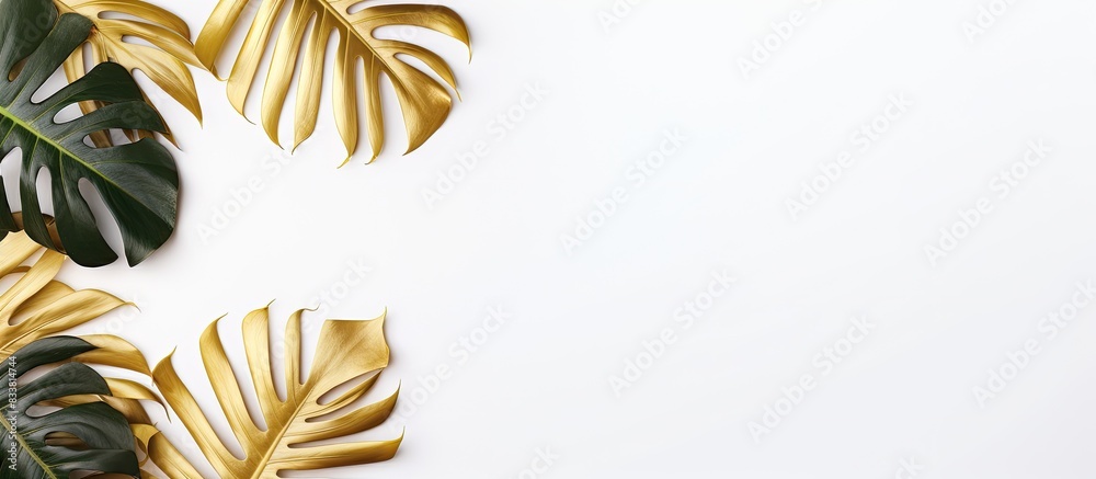 Aufkleber Minimal concept featuring gold tropical palm leaves and Monstera on a white background in a flat lay composition with a top view, creating a stylish copy space image.