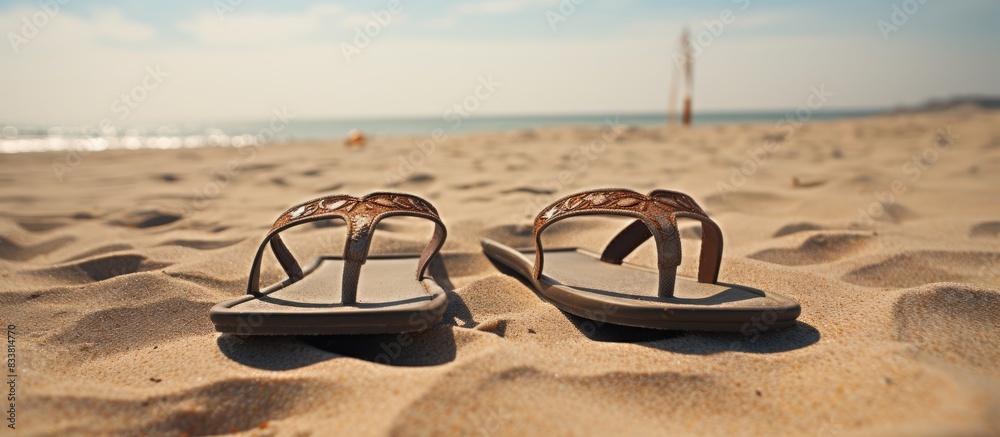 Poster Sandals with a thong design placed on the sandy beach, with empty space for an image. with copy space image. Place for adding text or design