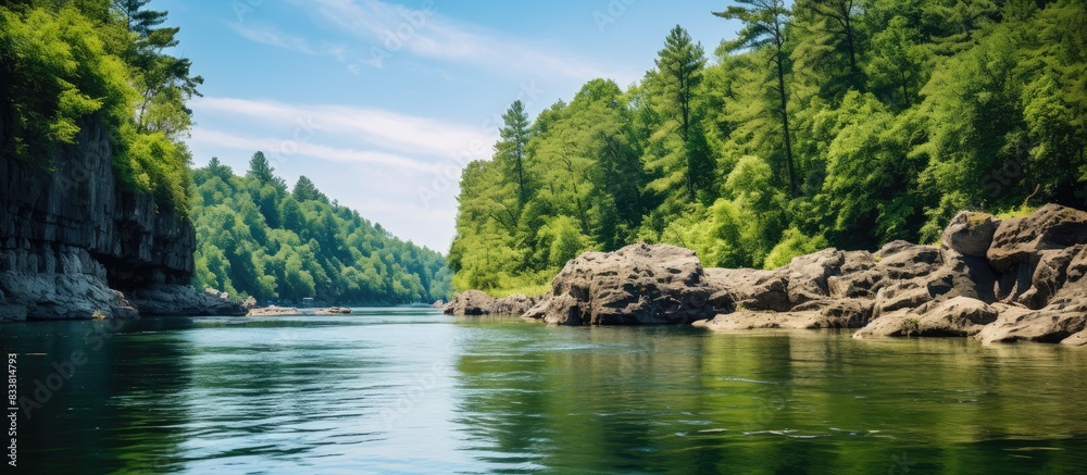 Poster scenic view of a cliff with a lush forest, river, and blue sky in summer, ideal for a copy space ima