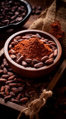 Fototapeta premium cocoa beans and cocoa powder. vertical composition