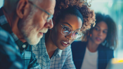 Young and senior employees working together, solving a task in a workforce development program