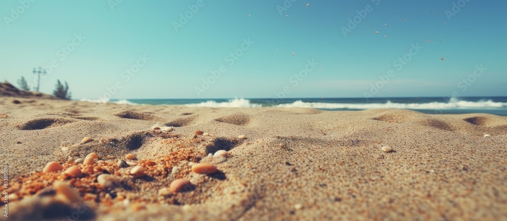 Poster a beach scene with sand grains between toes in a copy space image.