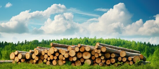 Lush green trees and weeds surround a stack of logs against a backdrop of a cloudy blue sky, creating a serene copy space image.