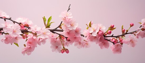 The peach blossom in a delicate state of bloom, with vibrant pink petals against a soft backdrop offering an ideal copy space image.