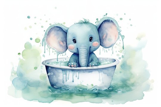 elephant bath time in tub, watercolor cartoon animal nursery clipart isolated on white background