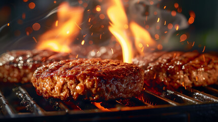 Juicy grilled beef burger meat patties sizzling on the barbecue with fire