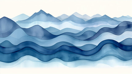 Watercolor painting of blue waves and mountains creating a serene and calming landscape. Ideal for backgrounds, artwork, and nature-themed projects.