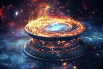 A pedestal with a cosmic design, featuring swirling galaxy patterns and star-like sparkles, set against a dark, starry background