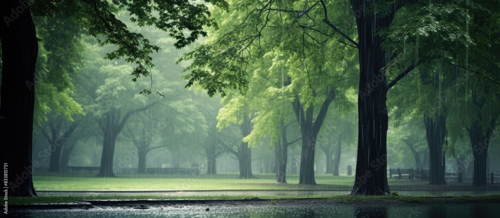 Poster Raindrops on trees in the park create a tranquil setting with a copy space image.