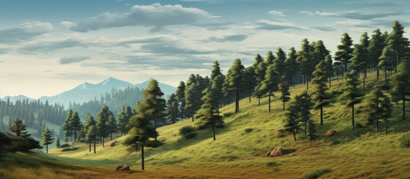 Sal Trees forest thriving on hilly terrain with a stunning background ready for a copy space image.