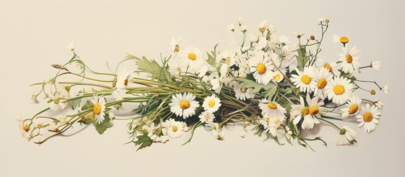Vintage style bouquet made of chamomile wild flowers, with space for text or graphics in the image. with copy space image. Place for adding text or design