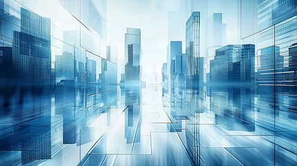 Abstract Cityscape with Glass Buildings and Skyscrapers in Blue Tones, Reflecting Urban Development and Business District. Photorealistic 3D Rendering Highlighting Modern Architecture