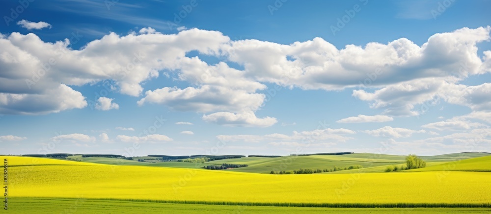 Poster scenic spring hills with grain and oilseed fields framed by cloudy skies, perfect for copy space ima