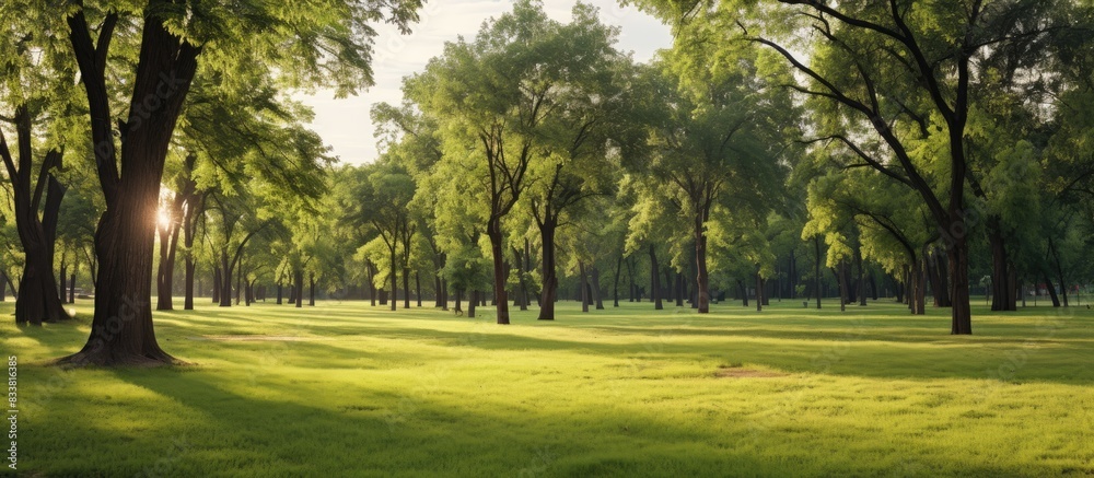Poster The serene landscape of trees in the park creates a picturesque setting with ample copy space image.