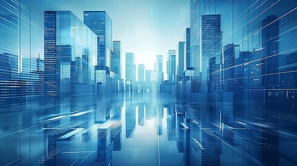 Obraz premium Abstract Cityscape with Glass Buildings and Skyscrapers in Blue Tones, Reflecting Urban Development and Business District. Photorealistic 3D Rendering Highlighting Modern Architecture