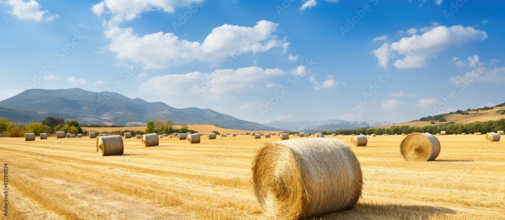Aufkleber Autumn agricultural field with haystacks, providing a serene background in a rustic setting for a copy space image.