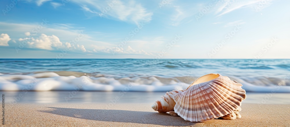 Poster Sandy beach with a sea shell on it, set against a summery backdrop with space for adding images. with copy space image. Place for adding text or design