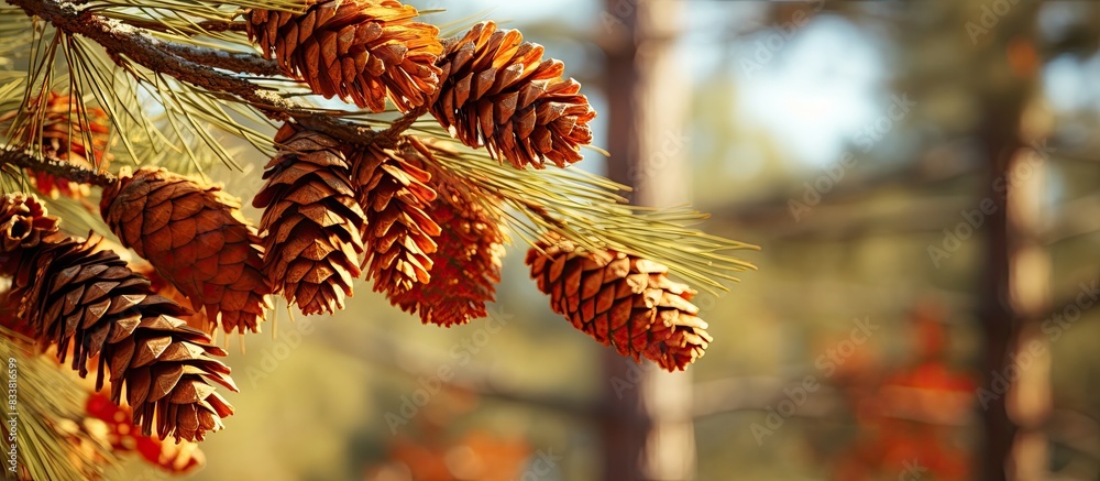 Poster in autumn, a pine tree with cones stands elegantly in the background of the copy space image.