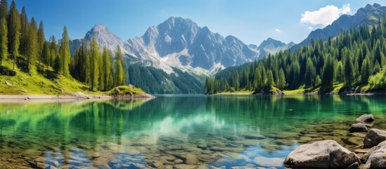 Scenic mountain lake during a summer vacation with a serene view and ample copy space image available. - Powered by Adobe