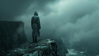 Lonely man standing on a cliff during a storm.