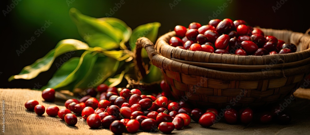 Poster freshly picked robusta coffee cherries with a copy space image.