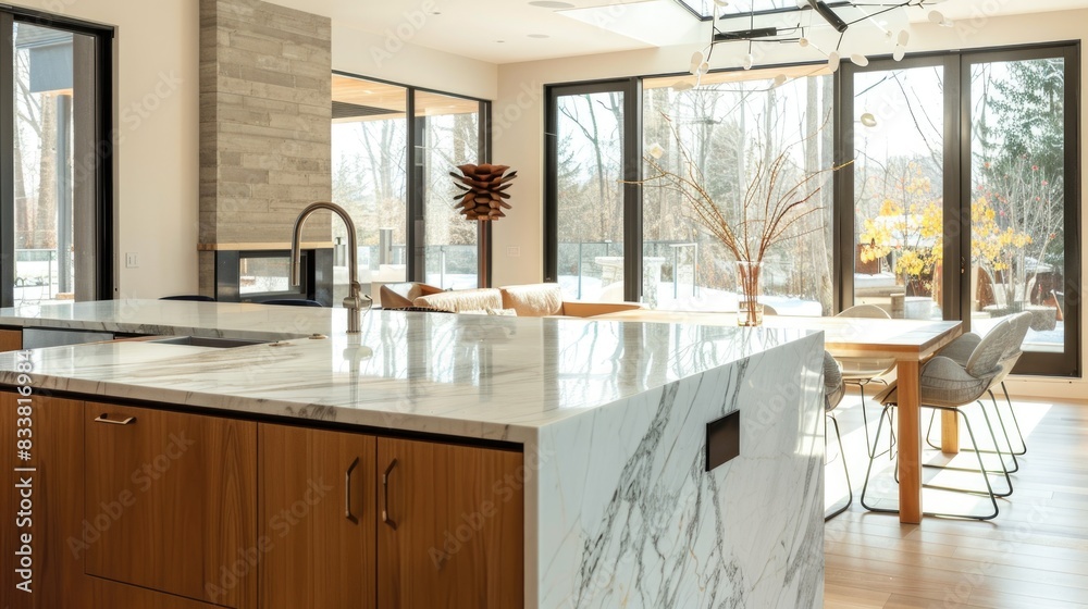 Wall mural modern kitchen interior with marble countertops and natural light