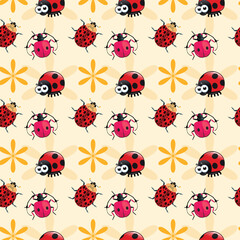 Ladybugs In A Flower Bed Seamless Vector Pattern Design