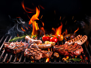 Juicy grilled beef steaks and sausages grillwurst with vegetables sizzling on outdoor grill with fire