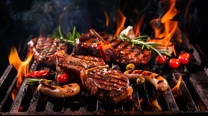 Juicy grilled beef steaks and sausages grillwurst with vegetables sizzling on outdoor grill with fire