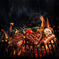 Juicy grilled beef steaks and sausages grillwurst with vegetables sizzling on outdoor grill with fire