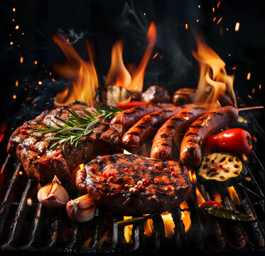 Juicy grilled beef steaks and sausages grillwurst with vegetables sizzling on outdoor grill with fire