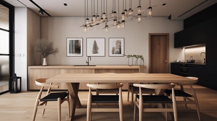 photo of a modern kitchen with large oakwood dining table and a frame hanging on the wall