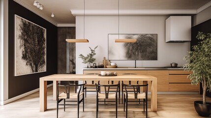 photo of a modern kitchen with large oakwood dining table and a frame hanging on the wall