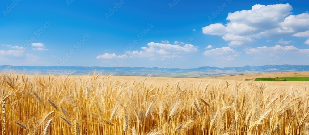 Poster Scenic view of a wheat field with a background of Transylvanian landscapes, ideal for a copy space image.
