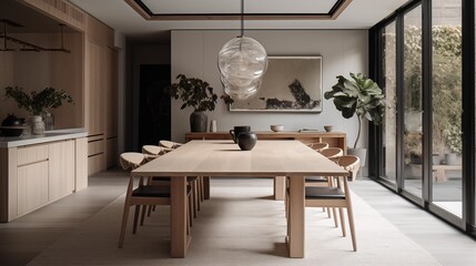 photo of a modern kitchen with large oakwood dining table and a frame hanging on the wall
