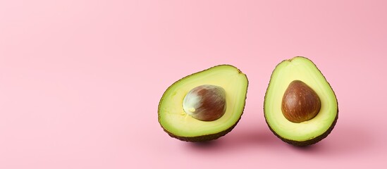Whole and halved green avocados isolated on a pink background with available copy space image.