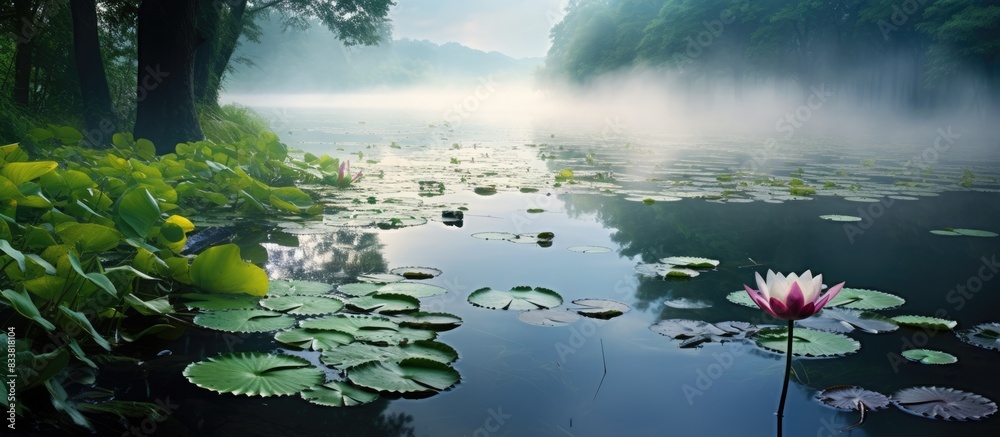 Poster water lilies grace the serene forest and lake setting, creating a tranquil scene suitable for a copy