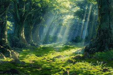 green forest with mossy trees and vines