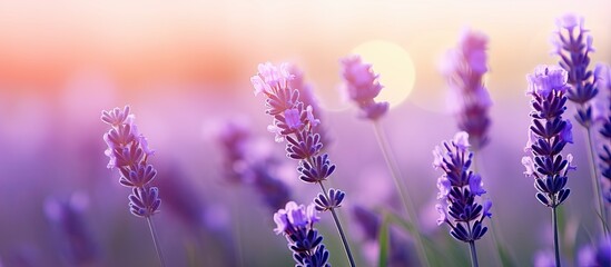 Obraz premium Summer morning blur background with lavender field creating a wallpaper-worthy image with selective focus and shallow depth of field. with copy space image. Place for adding text or design