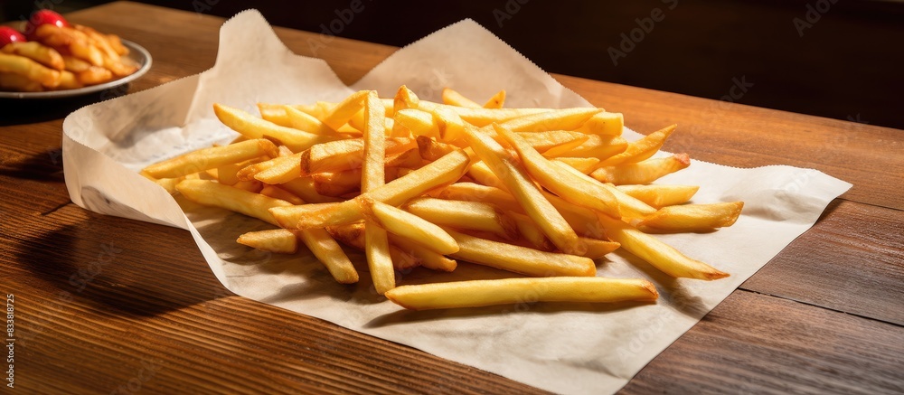 Poster French fries displayed on tracing paper on a wooden table with copy space image.
