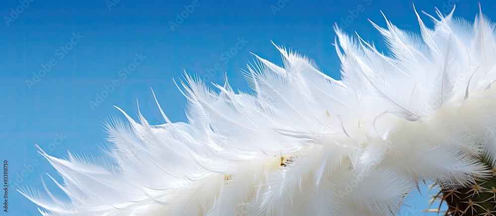 Poster white feathers on a cactus against a blue sky in a copy space image.