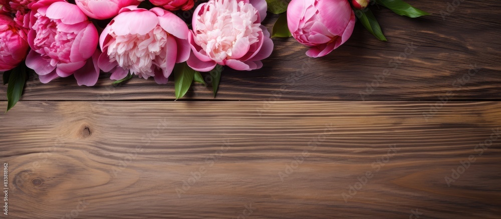 Aufkleber Pink and red peonies positioned beautifully on a rustic wooden backdrop with space for text or graphics in the frame. with copy space image. Place for adding text or design
