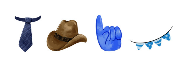 Father's Day Watercolor Vector Set, Necktie, Cowboy Hat, Number One Hand, Bunting Flag isolated on white background